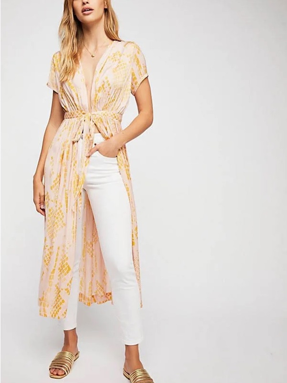 Free People Light Pink & Gold Sheer Duster Kimono